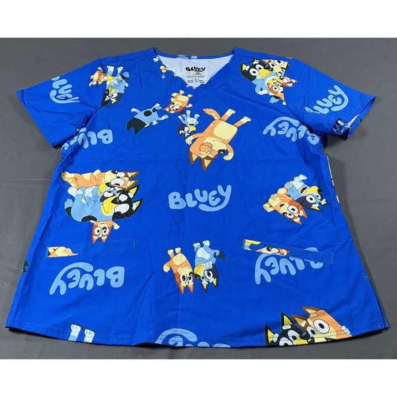 Bluey Tops - Bluey Character Medical Scrub Top Blue V-Neck Short Sleeve Pockets Size L